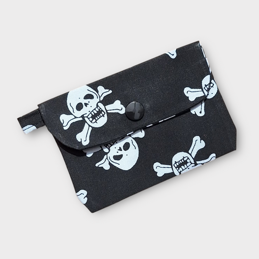 Black pouch with skull and crossbones pattern on a light gray background