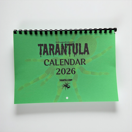 Green calendar with 'Tarantula Calendar 2026' text on a white background