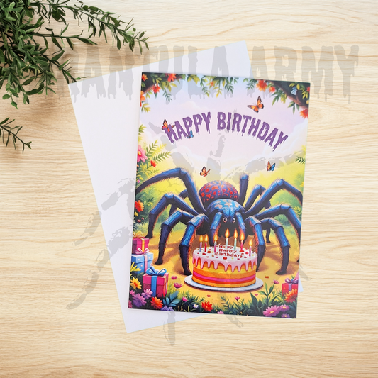 Cute Tarantula Happy Birthday Card with tarantula getting ready to blow out candles