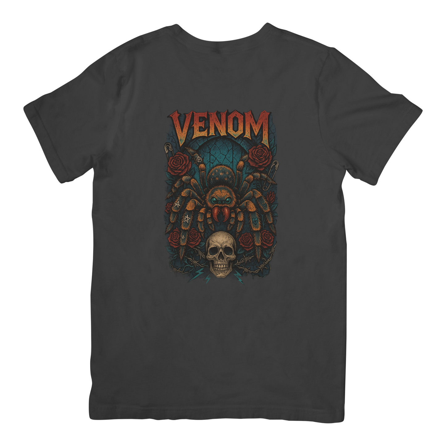 Black t-shirt with 'Venom' graphic design featuring a spider, skull, and roses on a white background.