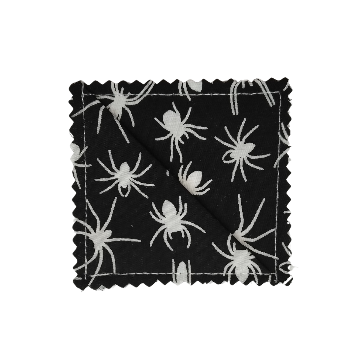 A square black fabric corner bookmark with a scalloped edge, featuring a white spider print and a stitched border, shown on a plain white background.