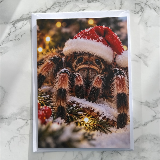 A square greeting card featuring a festive photograph of a large spider wearing a red Santa hat and fluffy white trim, posed on a light marble surface.