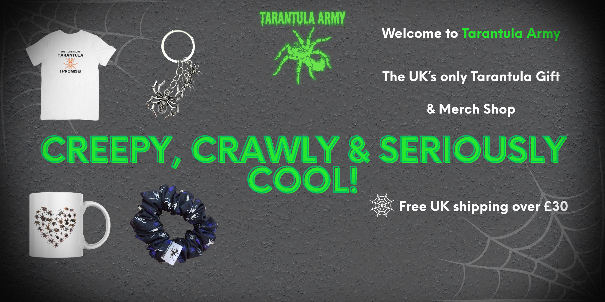 Promotional banner for Tarantula Army gift and merch shop with spider-themed products on a dark background.