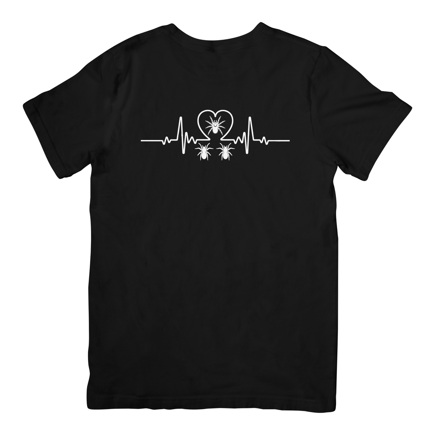 Black t-shirt with white heartbeat design featuring spiders and a heart on a white background
