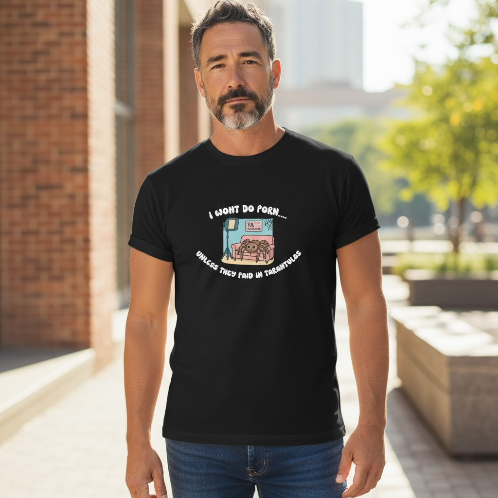 Man wearing a black t-shirt with a graphic design outdoors