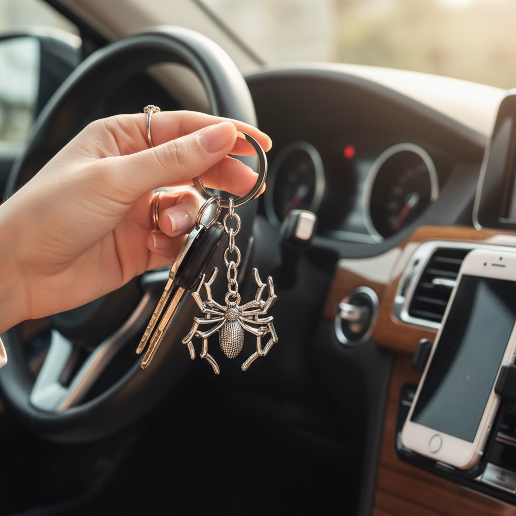 Hand holding car keys with a spider keychain in a car interior.