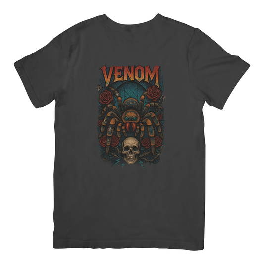 Black t-shirt with 'Venom' graphic design featuring a spider, skull, and roses on a white background.