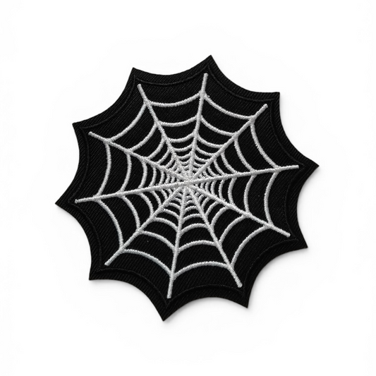 Black spider web design on a white background